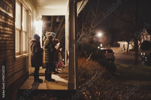 Children sing carols on a warmly lit porch on a crisp winter night, surrounded by the glow of nearby homes, spreading festive cheer.