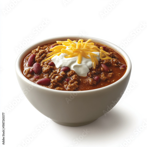 A rich bowl of chili topped with cheese and sour cream, isolated on a white background, showcasing heartiness and warmth