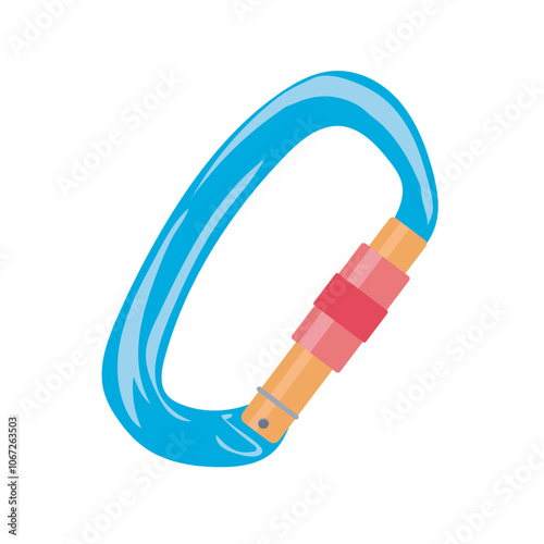 Climbing blue carabiner in flat design. Alpinism controller gear for rope. Vector illustration isolated.