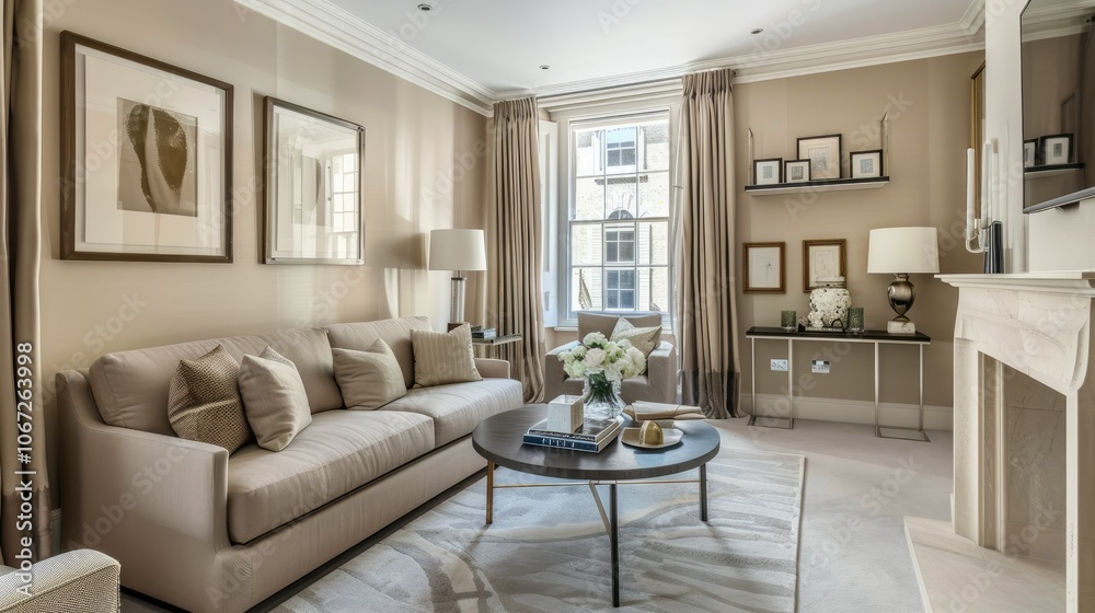 A living room with light brown walls, a beige sofa and coffee table