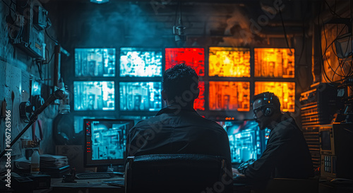 Two detective in a dimly lit control room with multiple screens, Generative AI