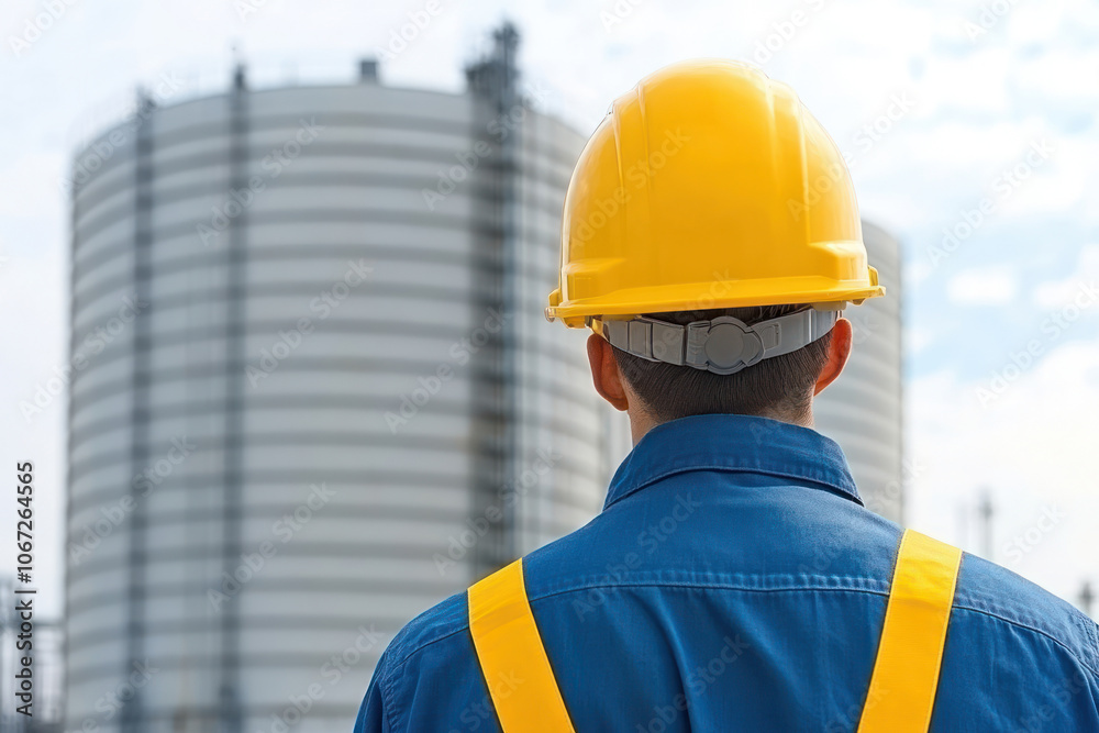 Engineer in hard hat working on fuel storage tanks at an advanced power plant, bright modern environment, fuel storage engineer, energy infrastructure Engineer in hard hat working on fuel storage tanks at an advanced power plant, bright modern environment, fuel storage engineer, energy infrastructure