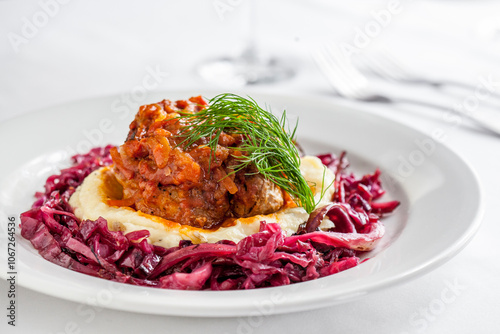 Chicken with red cabbage and mashed potatoes photo