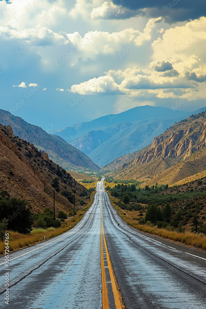A long empty road in the middle of a mountain range A long empty road in the middle of a mountain range