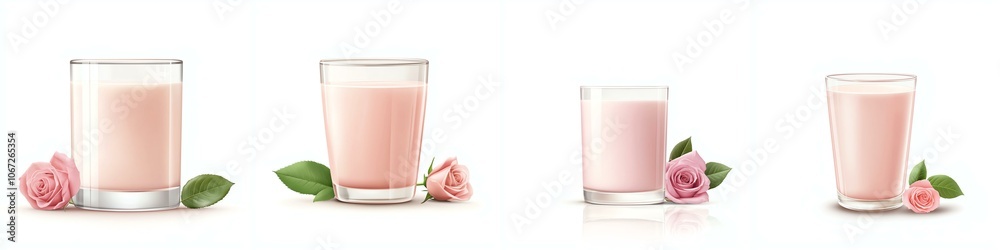 Four glasses of pink drink with rose petals on a white isolated background. Four glasses of pink drink with rose petals on a white isolated background.