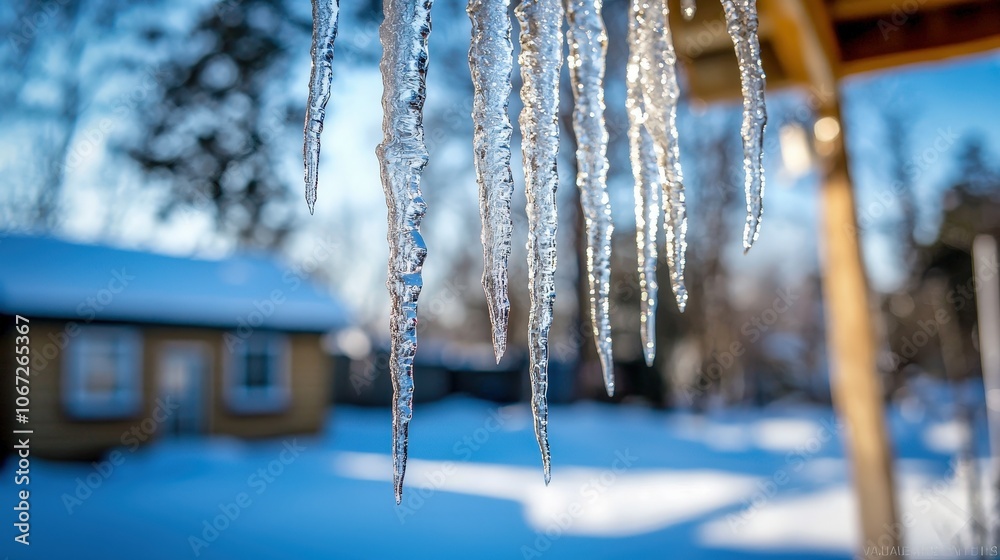Frosty wonderland scenes with sparkling icicles on tree branches and snow-covered houses.