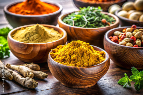 A macro shot of dried Ayurvedic herbs in wooden bowls, including turmeric, amla, and ginger.