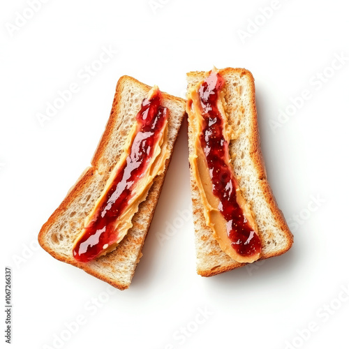 A classic peanut butter and jelly sandwich, isolated on a white background, showcasing a nostalgic snack photo