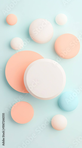 Elegant 3D geometric forms in pastel colors create soothing visual experience. arrangement of circles in soft hues adds modern touch to any design