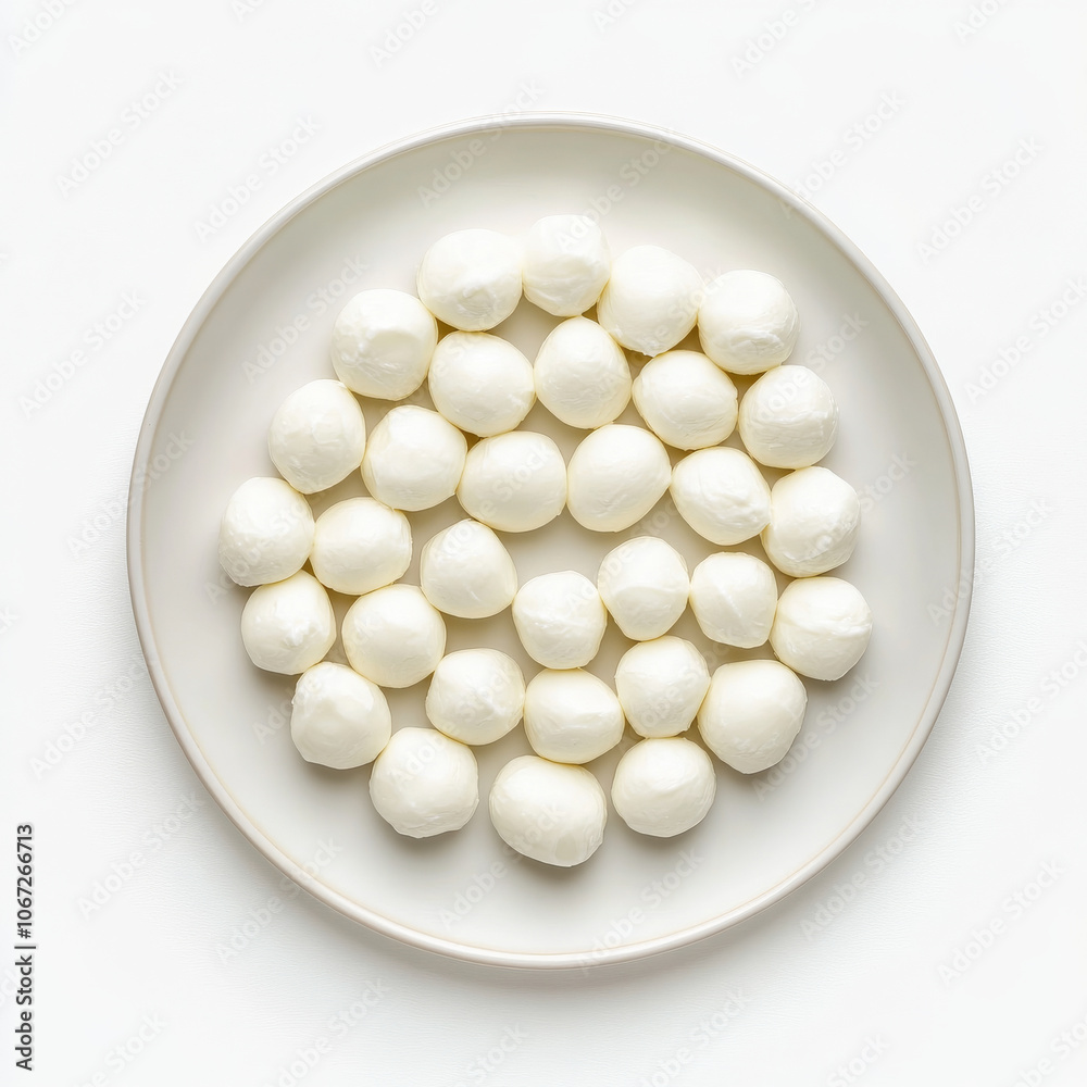 A spread of mozzarella balls arranged on a plate, isolated on a white background, with a soft, pillowy texture to emphasize freshness A spread of mozzarella balls arranged on a plate, isolated on a white background, with a soft, pillowy texture to emphasize freshness