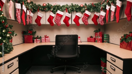 A festive office cubicle decorated with Christmas stockings, garlands, and colorful wrapped gifts, creating a cheerful holiday atmosphere. photo