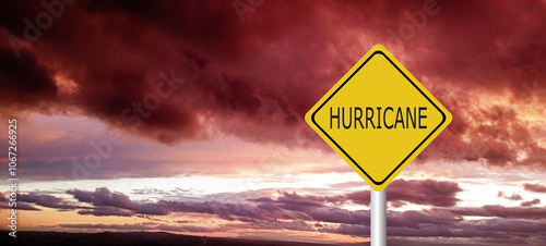 danger,caution,Hurricane Idalia warning sign against a powerful stormy background with copy space. Dirty and angled sign with cyclonic winds add to the drama.hurricane season sign on cloudy background photo