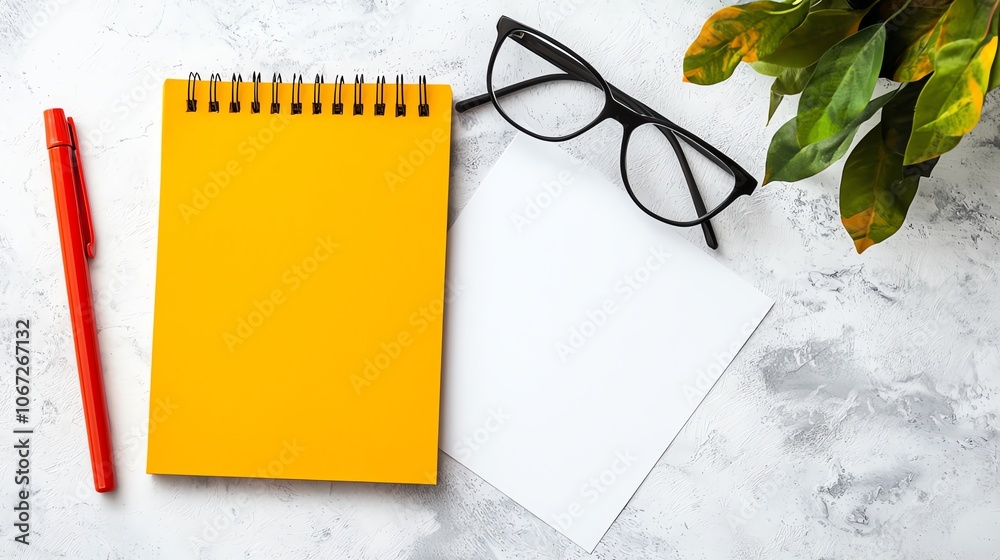 Yellow notepad, red pen, glasses, white sheet, and green plant on a gray surface. Yellow notepad, red pen, glasses, white sheet, and green plant on a gray surface.