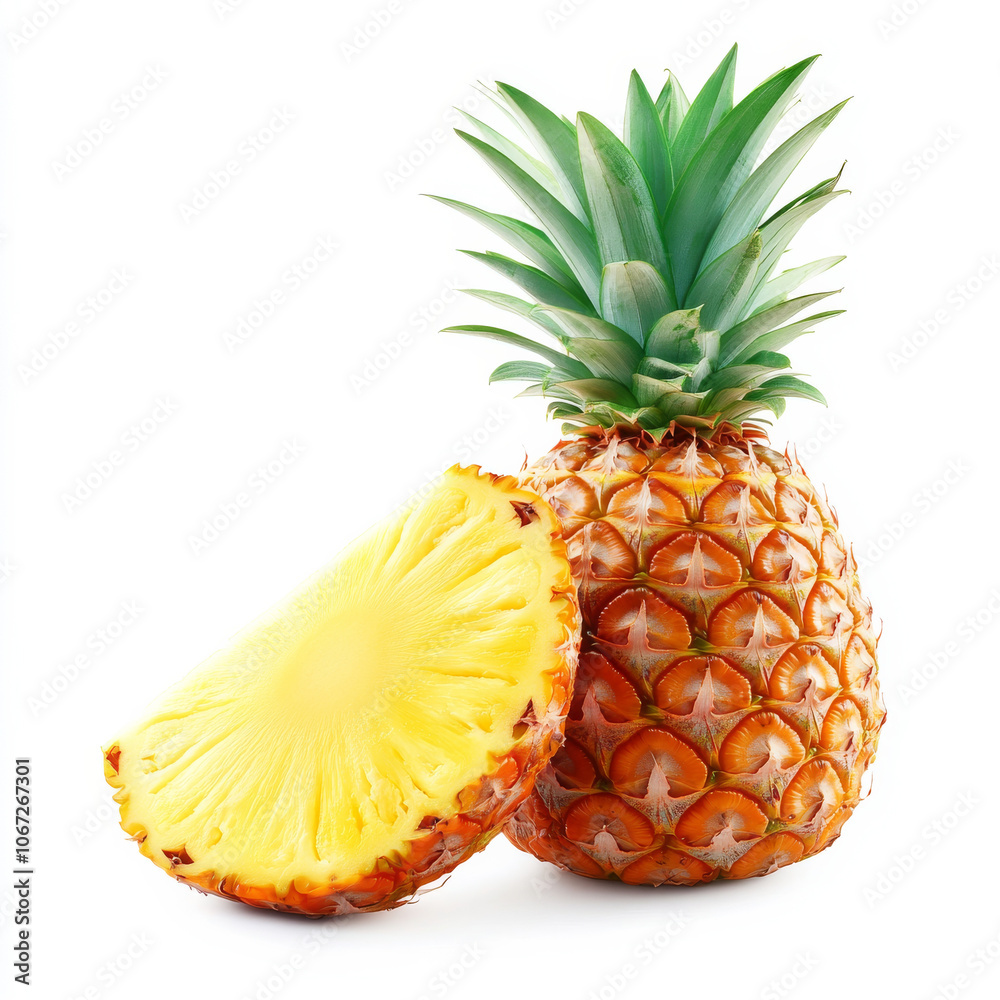 A juicy slice of pineapple with visible textures, isolated on a white background, highlighting tropical freshness A juicy slice of pineapple with visible textures, isolated on a white background, highlighting tropical freshness
