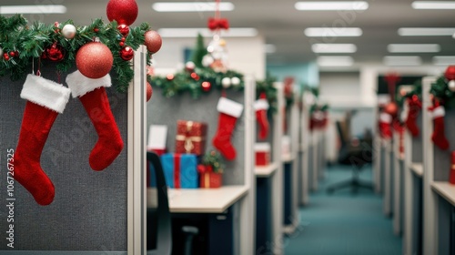 A festive office scene decorated for Christmas with stockings, garlands, and colorful gifts adorning cubicle partitions.