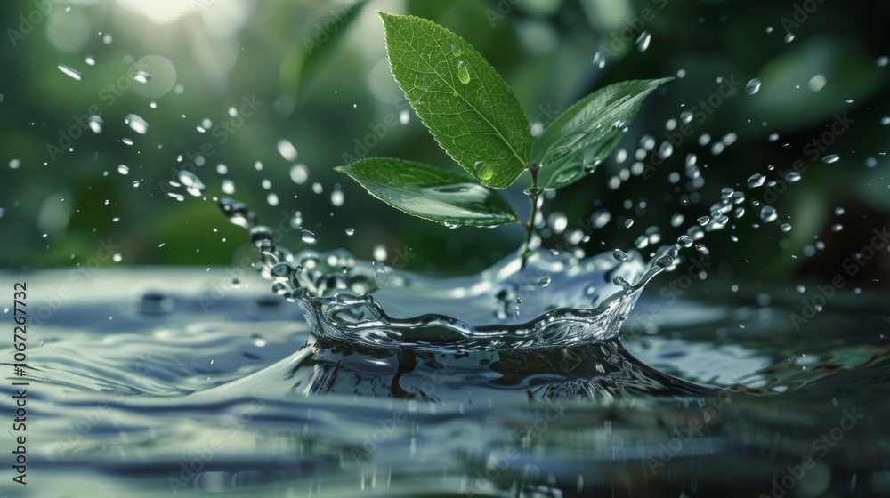 Green leaf with water splash effect on a natural background Green leaf with water splash effect on a natural background