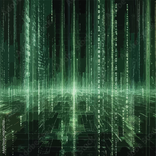 Matrix-like screen with coded data flowing vertically in green