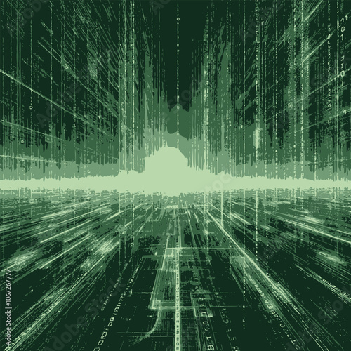 Matrix-like screen with coded data flowing vertically in green