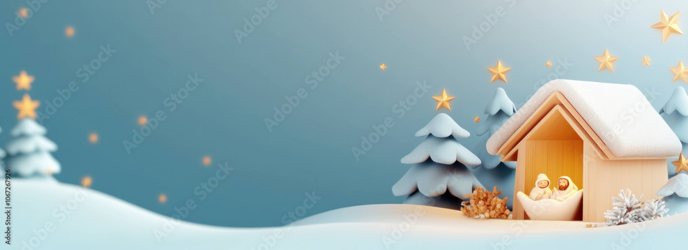 Fototapeta premium serene Christmas scene featuring wooden nativity in snowy landscape with trees and stars. Perfect for holiday promotions