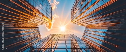 A striking view of modern skyscrapers reaching towards a bright sky, showcasing architectural beauty and urban landscape. photo