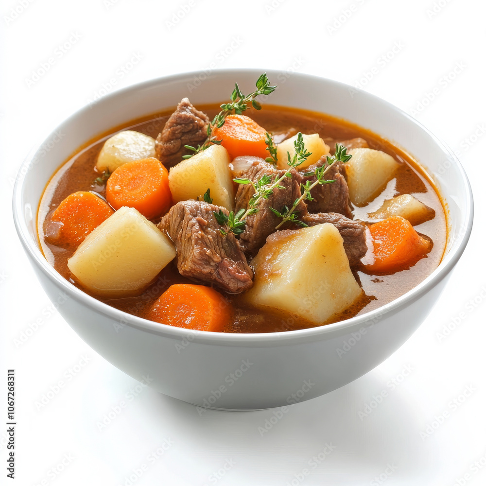 A bowl of hearty beef stew with carrots and potatoes, isolated on a white background, showcasing a warm and filling meal A bowl of hearty beef stew with carrots and potatoes, isolated on a white background, showcasing a warm and filling meal