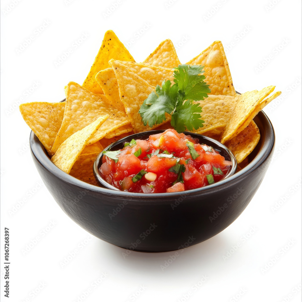A bowl of nacho chips with a side of salsa, isolated on a white background, emphasizing a fun and spicy snack