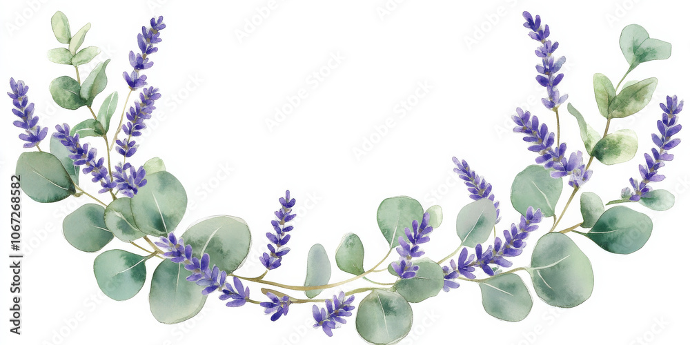 Delicate botanical frame of watercolor eucalyptus leaves and purple lavender flowers, forming a rustic greenery wreath. Ideal for wedding invitations and Provence-themed designs, isolated on white Delicate botanical frame of watercolor eucalyptus leaves and purple lavender flowers, forming a rustic greenery wreath. Ideal for wedding invitations and Provence-themed designs, isolated on white