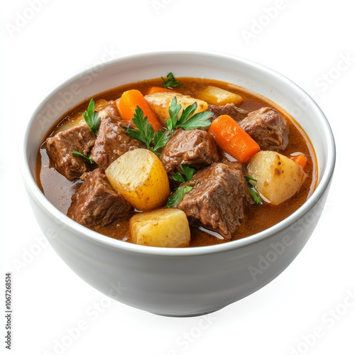 A bowl of hearty beef stew with carrots and potatoes, isolated on a white background, showcasing a warm and filling meal