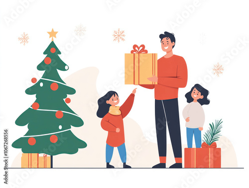 family decorating their home for Christmas, with cheerful atmosphere. children are excitedly interacting with their parent, surrounded by festive tree and gifts