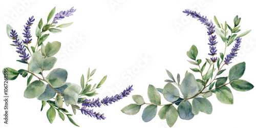 Delicate botanical frame of watercolor eucalyptus leaves and purple lavender flowers, forming a rustic greenery wreath. Ideal for wedding invitations and Provence-themed designs, isolated on white
