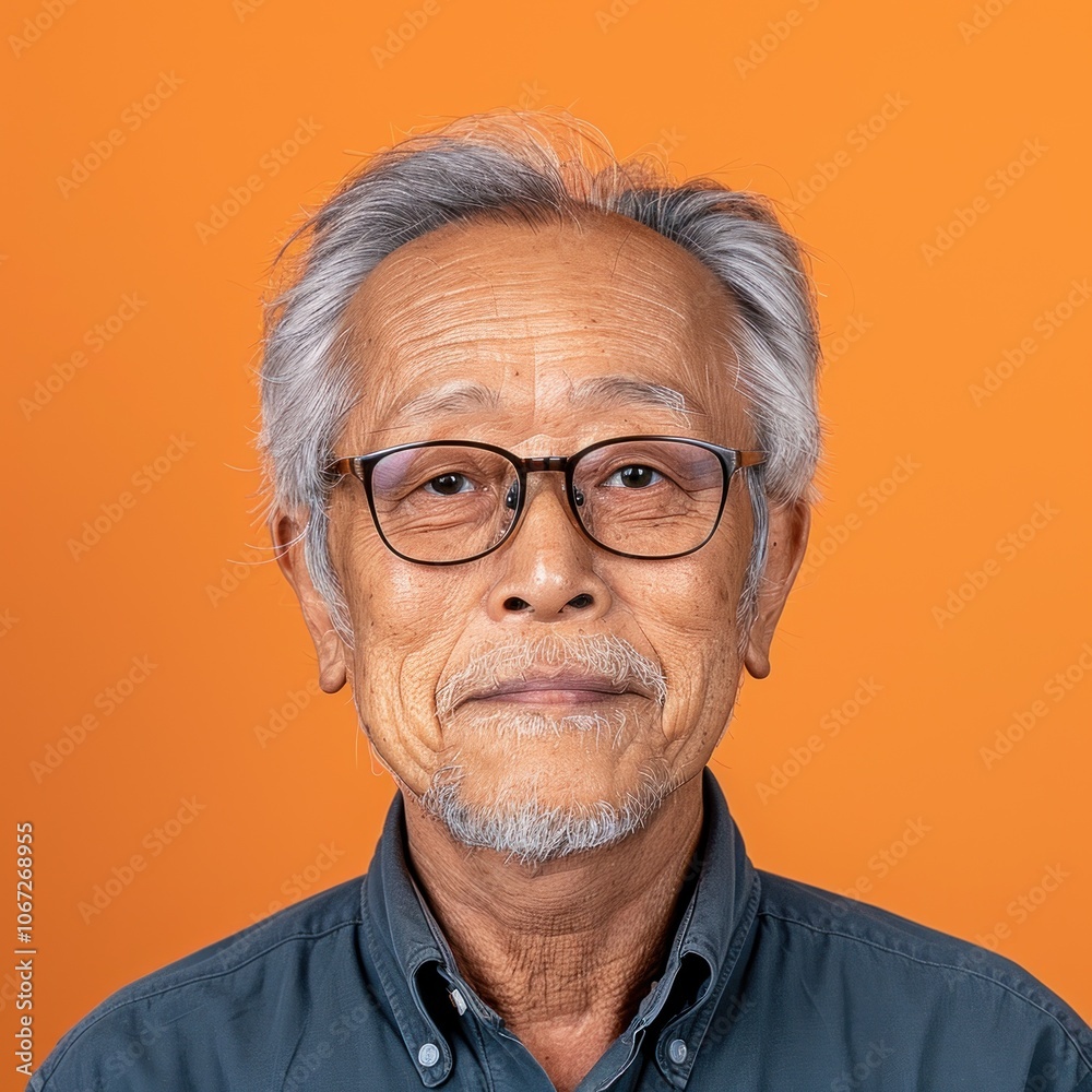 Studio portrait of a smiling senior Asian man with glasses on orange background Studio portrait of a smiling senior Asian man with glasses on orange background
