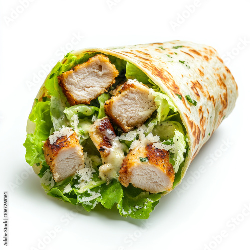 A crispy chicken Caesar wrap with romaine and parmesan, isolated on a white background, showcasing a fresh and hearty meal photo