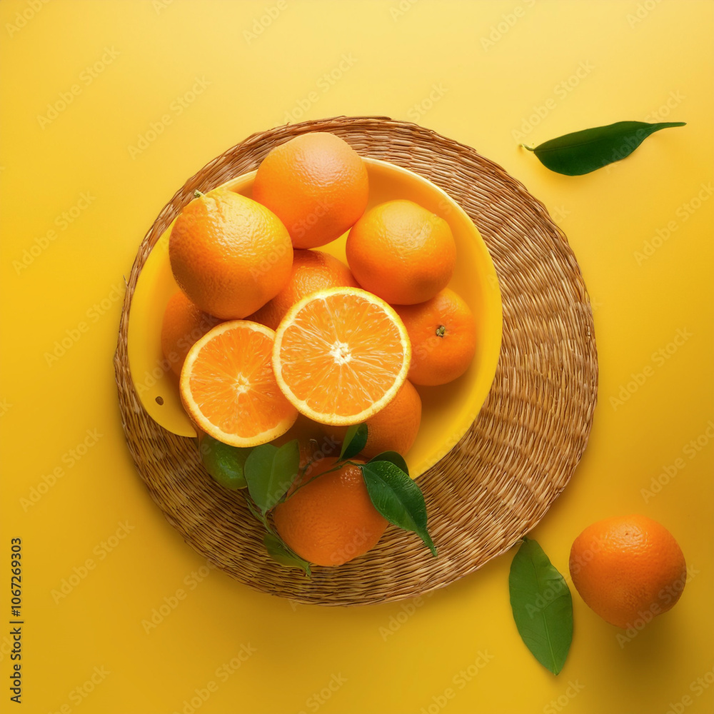 orange fruits, isolated on a pastel yellow