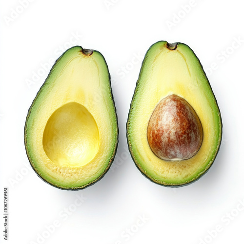 A fresh avocado cut in half with seed, isolated on a white background, emphasizing healthy fats and creamy texture photo