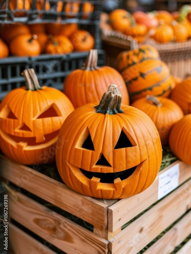 Festive Halloween pumpkins with carved smiles and autumn vibes in market display photo