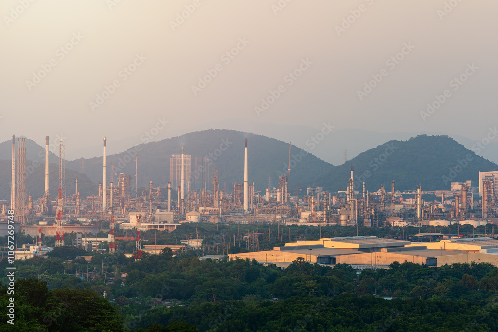 Thai oil and gas refinery or petrochemical plant landscape background. Concept for the energy technology development and environmental conservation.