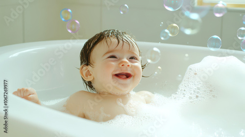 Happy baby plays with bubbles in a bathtub filled with soapy water. photo