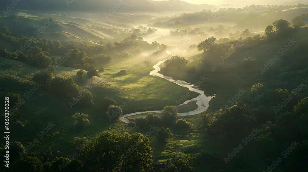 A serene landscape of rolling hills and lush greenery, with the sun rising over a misty river flowing through it A serene landscape of rolling hills and lush greenery, with the sun rising over a misty river flowing through it