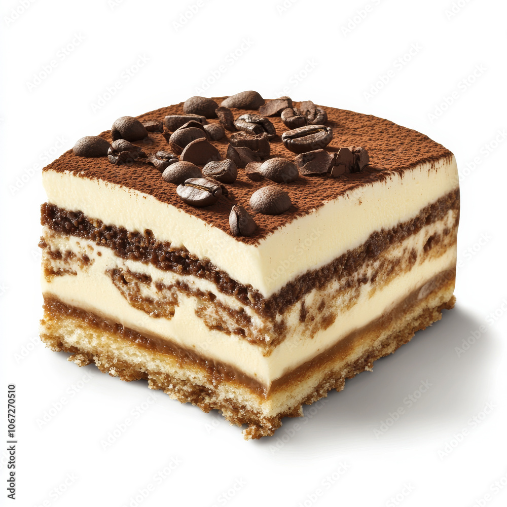 A decadent slice of tiramisu with layers of cream and coffee, isolated on a white background, showcasing rich dessert appeal A decadent slice of tiramisu with layers of cream and coffee, isolated on a white background, showcasing rich dessert appeal