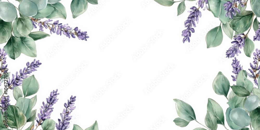 Greenery frame featuring watercolor eucalyptus leaves and soft purple lavender flowers, creating a rustic and natural border. Suitable for wedding stationery and floral templates