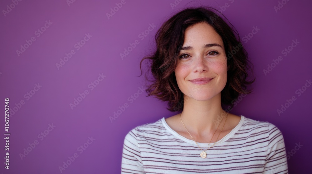 Woman with positive energy, striped shirt, calm purple backdrop, radiating joy and confidence Woman with positive energy, striped shirt, calm purple backdrop, radiating joy and confidence