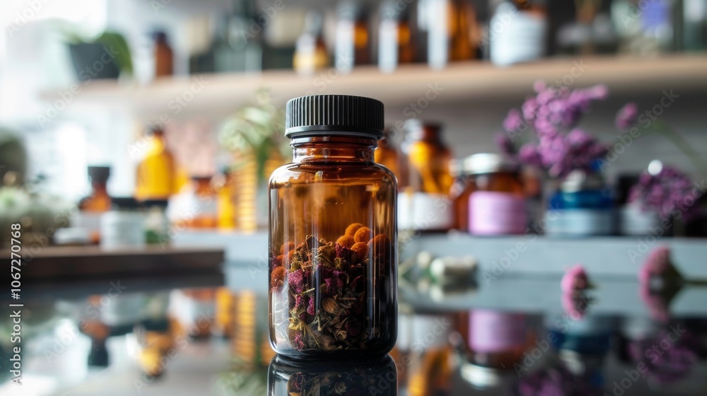 Herbal medicine jar with dried flowers in an apothecary setting Herbal medicine jar with dried flowers in an apothecary setting