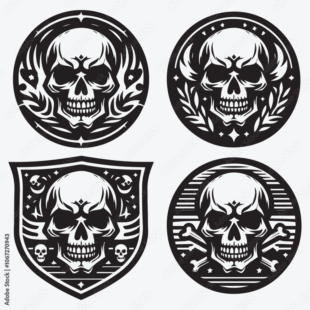 Fototapeta premium Skull Silhouettes Bundle Clip Art Vector Illustration Isolated on White Background