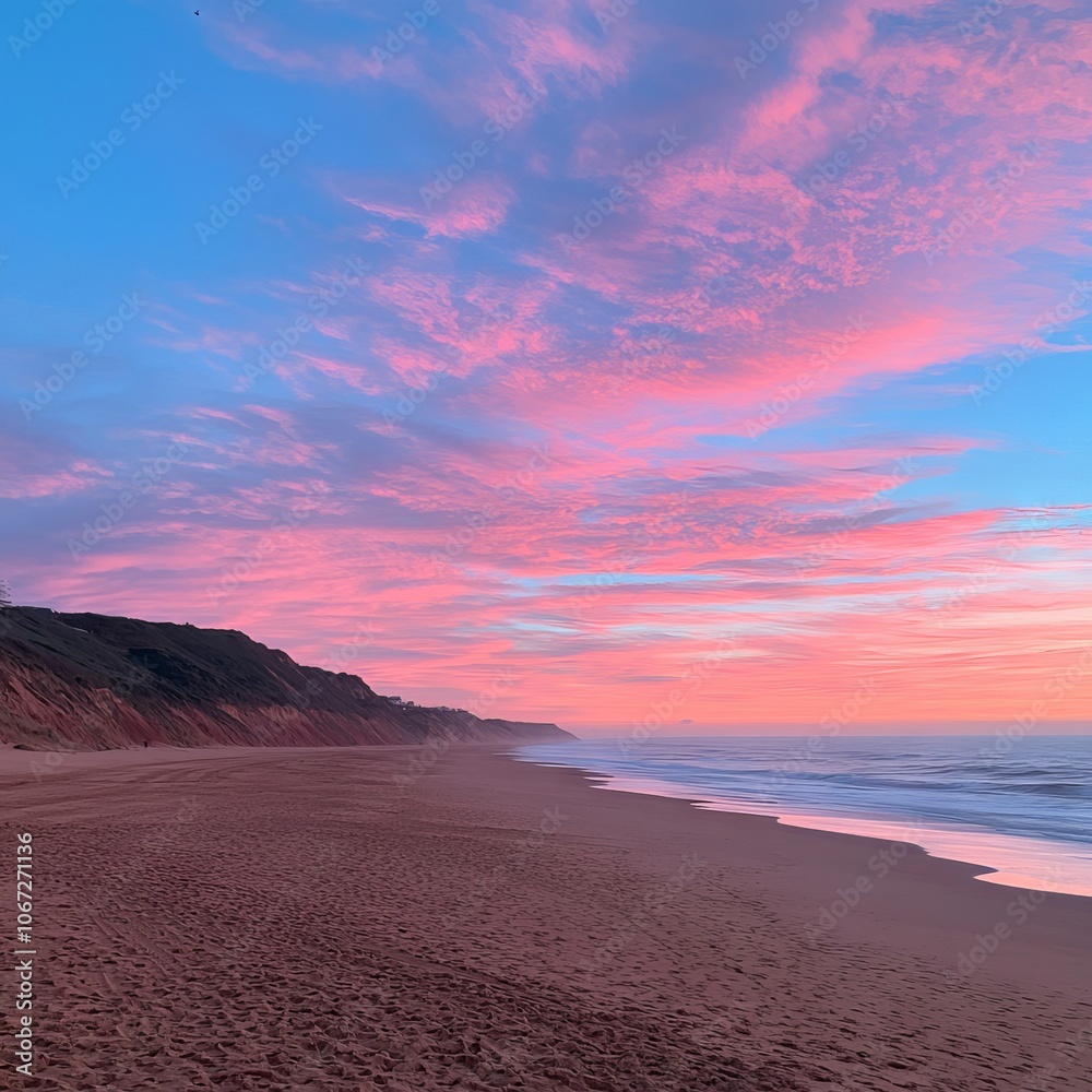 Naklejka premium Serene beach at sunset with vibrant pink and blue sky reflections.