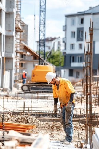 A dedicated construction worker in a hard hat is concentrating on his tasks at a busy construction site. Surrounding buildings and equipment highlight the ongoing development, showcasing a typical day photo