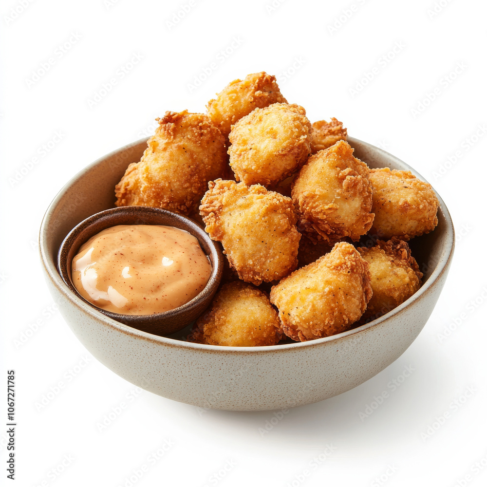 A bowl of golden chicken nuggets with a side of dipping sauce, isolated on a white background, showcasing a popular snack A bowl of golden chicken nuggets with a side of dipping sauce, isolated on a white background, showcasing a popular snack