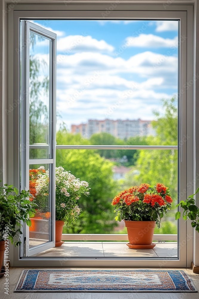 The sliding glass door connects a cheerful kitchen to a sunny balcony adorned with vibrant flower pots. A beautiful landscape of green trees and blue sky enhances the feeling of lightness and freedom. The sliding glass door connects a cheerful kitchen to a sunny balcony adorned with vibrant flower pots. A beautiful landscape of green trees and blue sky enhances the feeling of lightness and freedom.