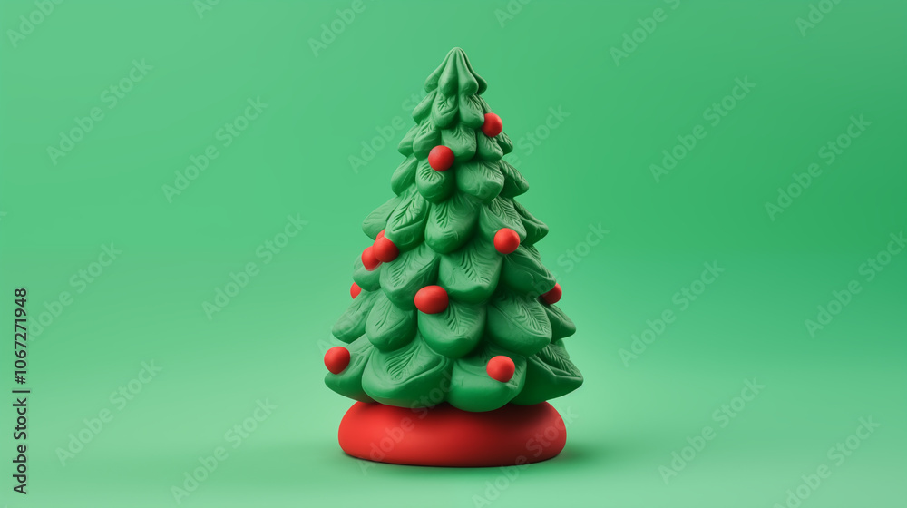 Christmas green tree, molded from plasticine on a green background. Toy plastic New Year tree with a red balls. Christmas banner, photo for postcards. Volumetric small tree. New Year or Christmas Christmas green tree, molded from plasticine on a green background. Toy plastic New Year tree with a red balls. Christmas banner, photo for postcards. Volumetric small tree. New Year or Christmas