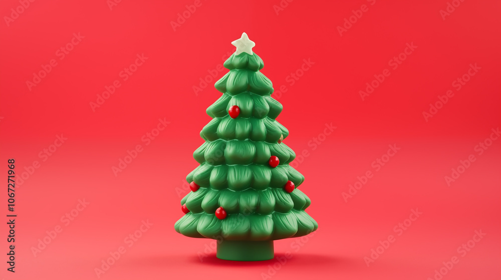 Christmas green tree, molded from plasticine on a red background. Toy plastic New Year tree with a star. Christmas banner, photo for postcards. Volumetric small tree. New Year or Christmas Christmas green tree, molded from plasticine on a red background. Toy plastic New Year tree with a star. Christmas banner, photo for postcards. Volumetric small tree. New Year or Christmas