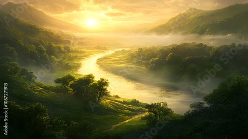 Wallpaper Mural A serene landscape of rolling hills and lush greenery, with the sun rising over a misty river flowing through it Torontodigital.ca